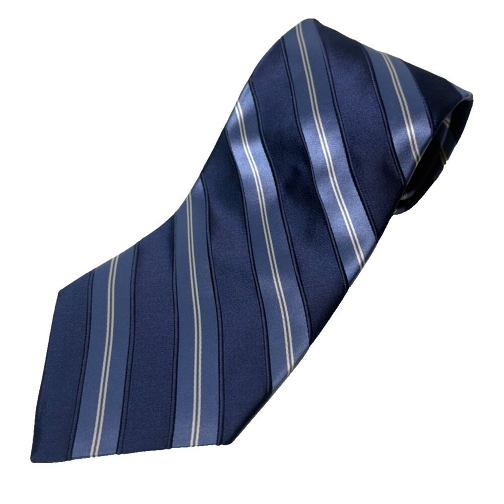 Tommy Hilfiger Silk Tie Navy Blue Silver Stripe Crest Green Tipping Vintage 90s